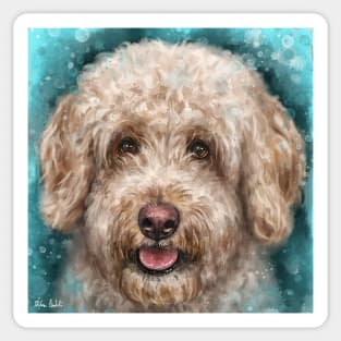 Contemporary Painting of a Gorgeous Goldendoodle Dog with Its Tongue Out Sticker